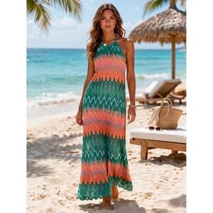 Judith March Halter Maxi Dress M Green Orange Pink Chevron Lace Open Back Beach